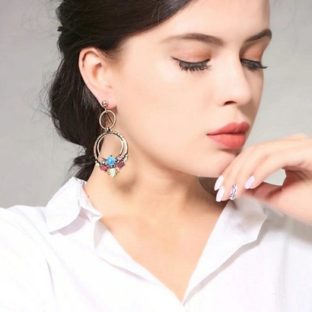 Turquoise Rhinestone Crystal Geometric Vintage Gold Dangle Statement Earrings - Picture 3 of 8